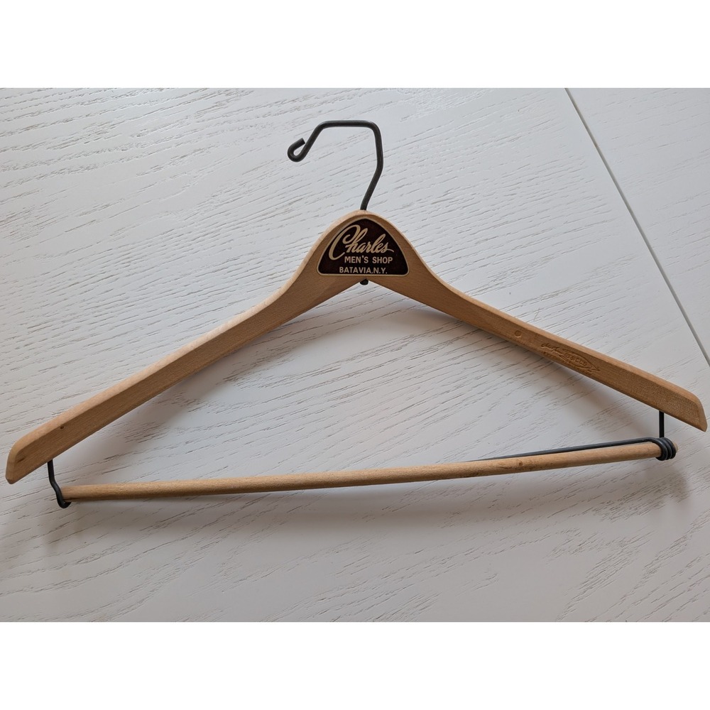 Vintage Advertising Wooden Wood Clothes Hanger, Charles Mens Shop, Batavia,‎ NY